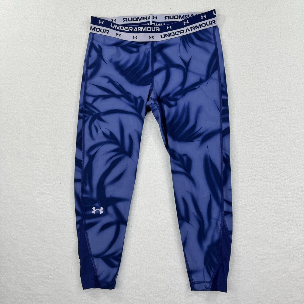 Under Armour Leggings Kids YXL Blue Palm Print HeatGear Athletic Tights